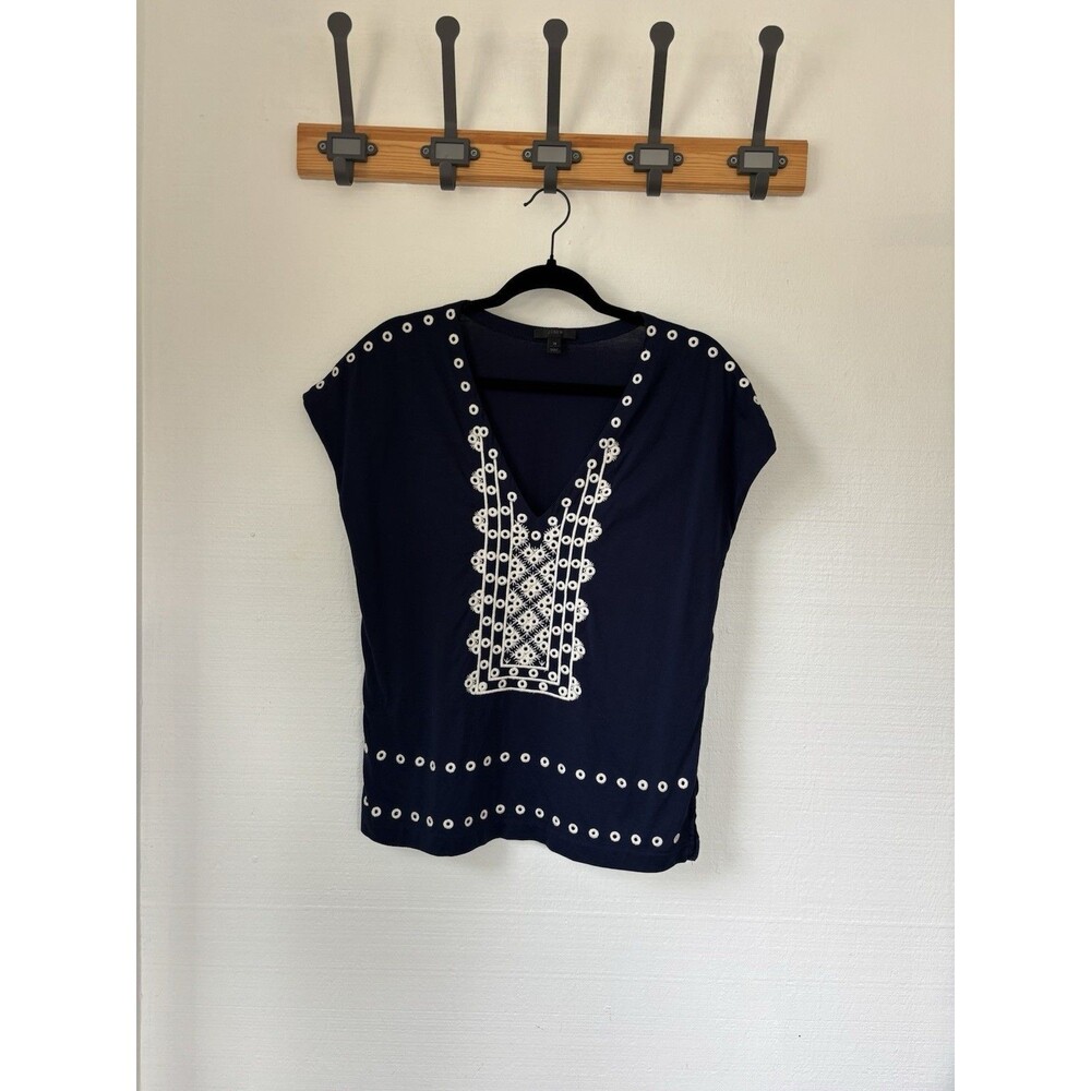 J.Crew Top Womens XS Navy Blue White Eyelet Embroidered Short Sleeve Shirt